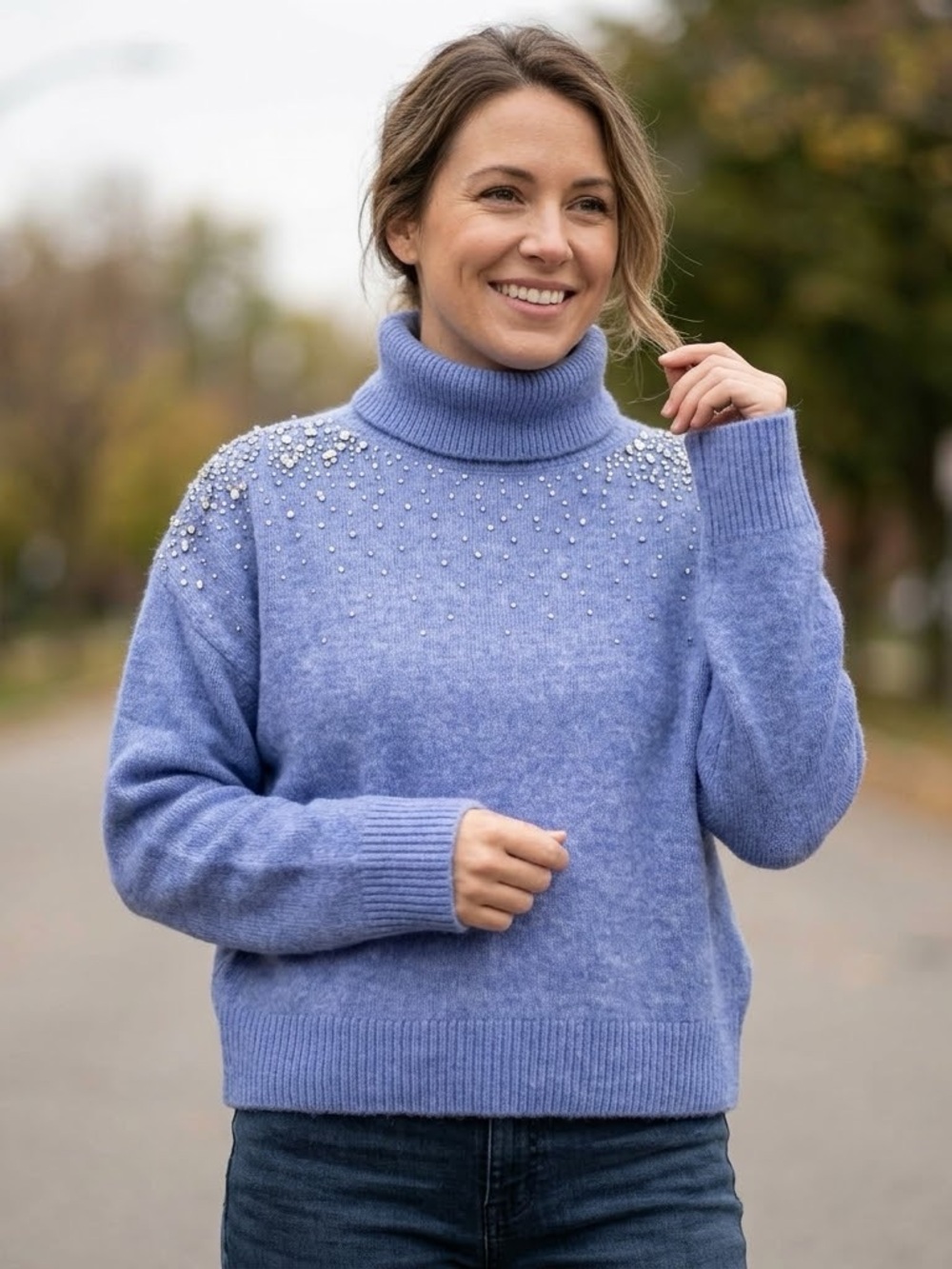 White House Black Market Rhinestone Turtleneck Sweater Blue XL Embellished